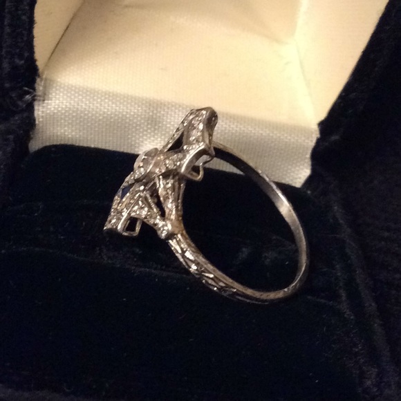 Vintage Art Deco Euro Diamond & Sapphire Ring sz 8 - Picture 7 of 10